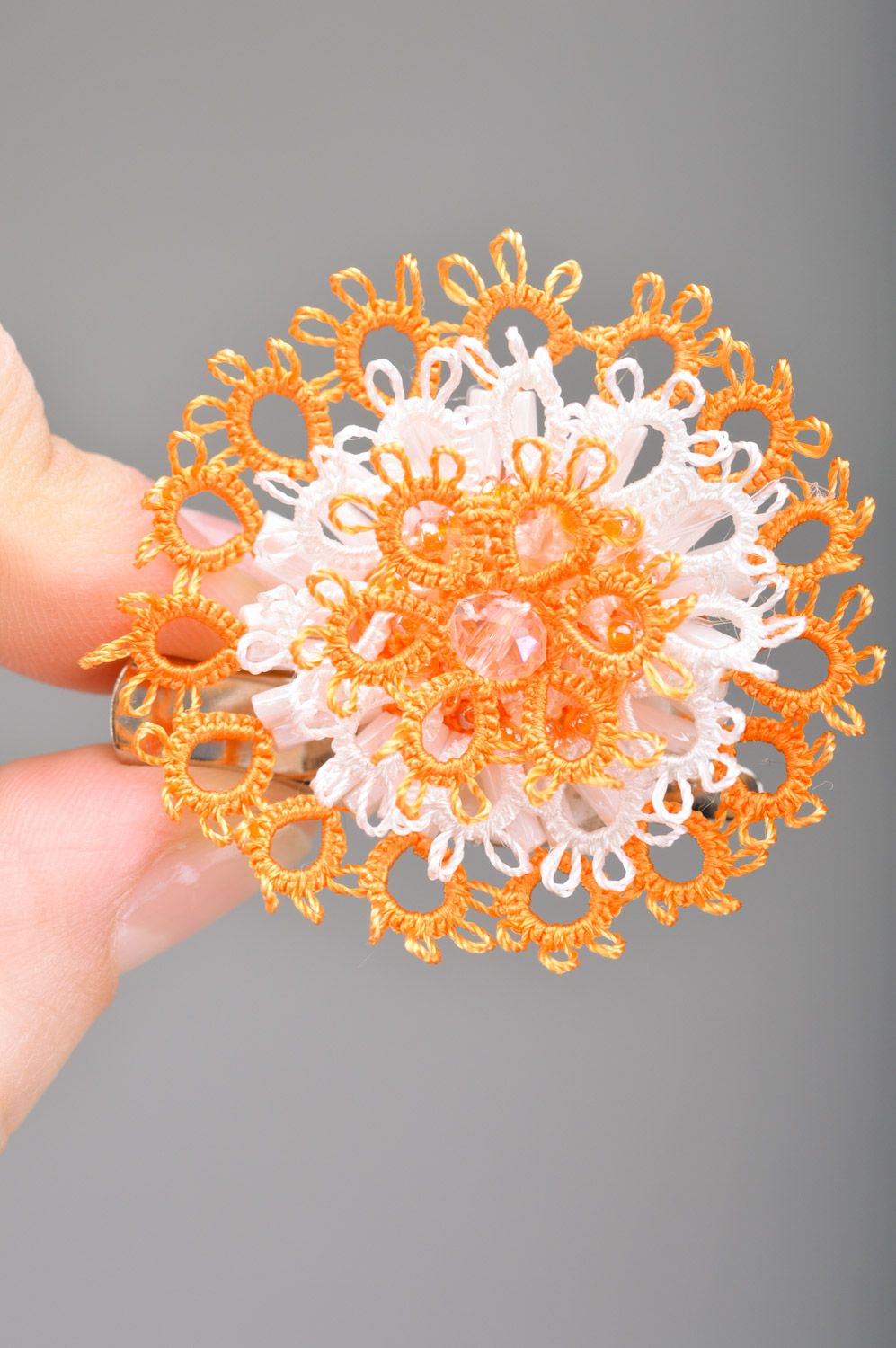 Orange and white handmade woven thread brooch hair clip with double fastening photo 1