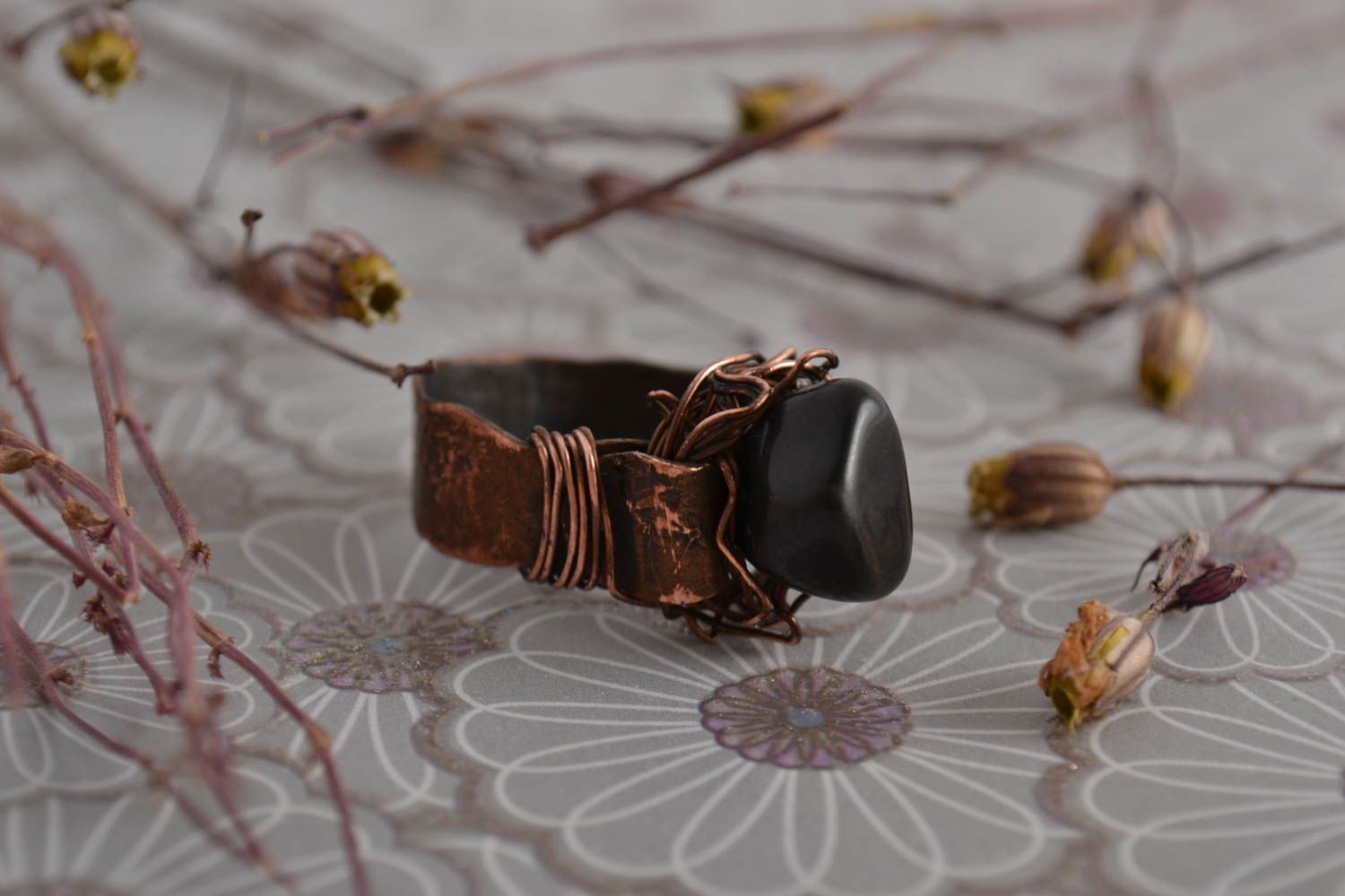 Handmade schöner Kupfer Ring Designer Schmuck Ring mit Stein Achat schwarz foto 1