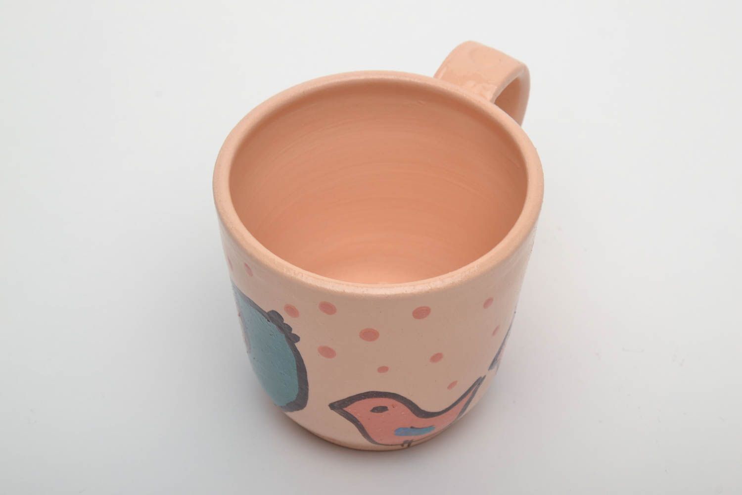 Ceramic cup in peach color with bird pattern. Great gift for a girl. photo 4