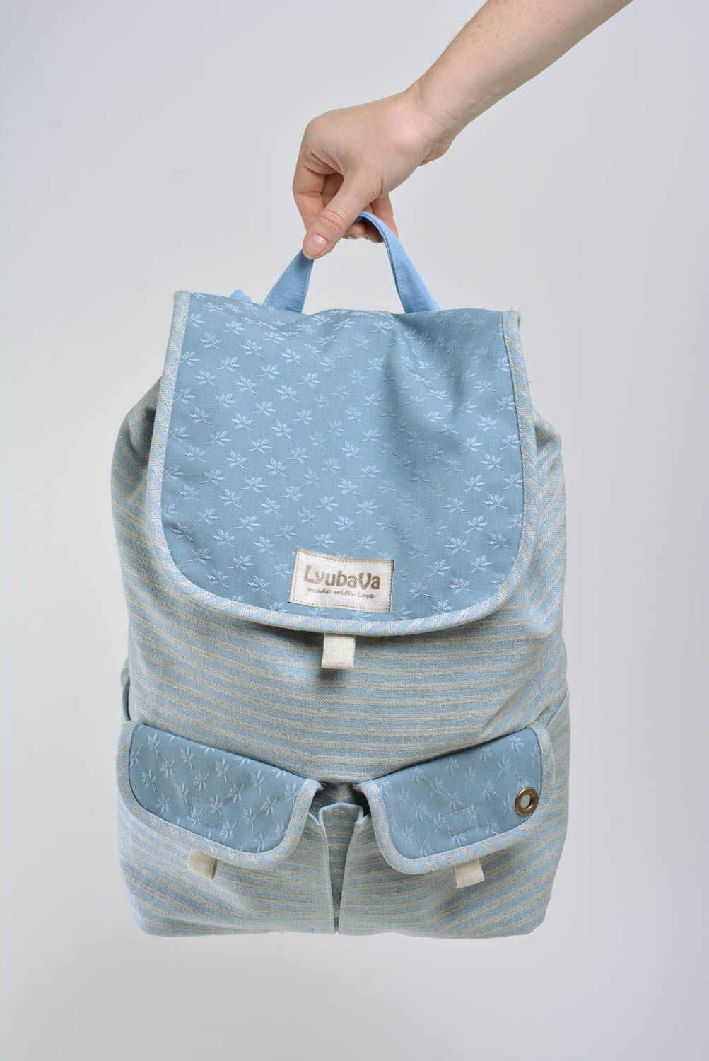 Handmade designer backpack sewn of cotton fabric of blue color with two pockets photo 5
