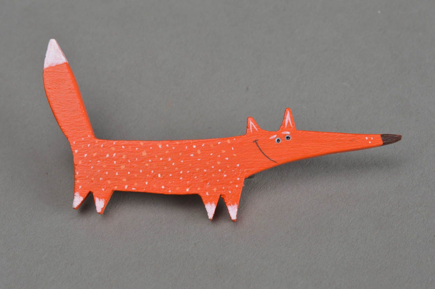Handmade designer painted plywood funny animal brooch orange fox with white dots photo 1