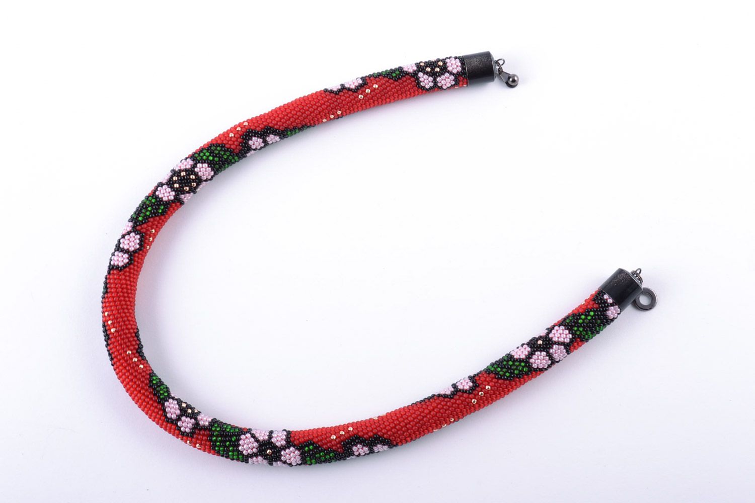 Handmade red Czech bead cord necklace with beautiful flowers photo 4