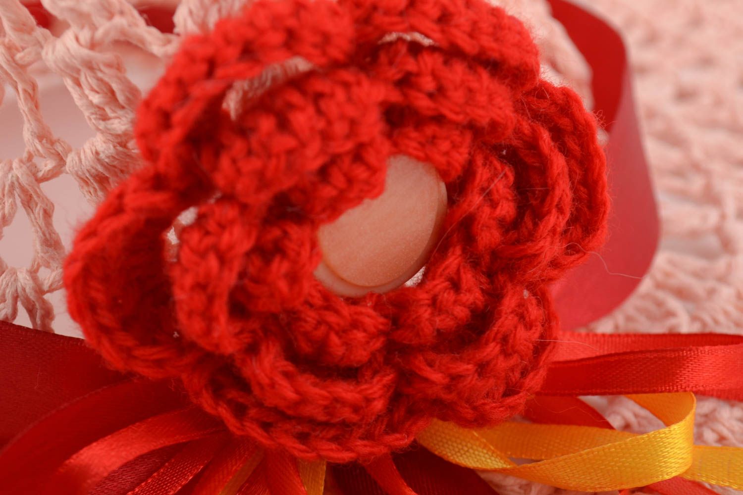 Handmade designer lacy summer hat crocheted of cotton threads with red flower photo 2