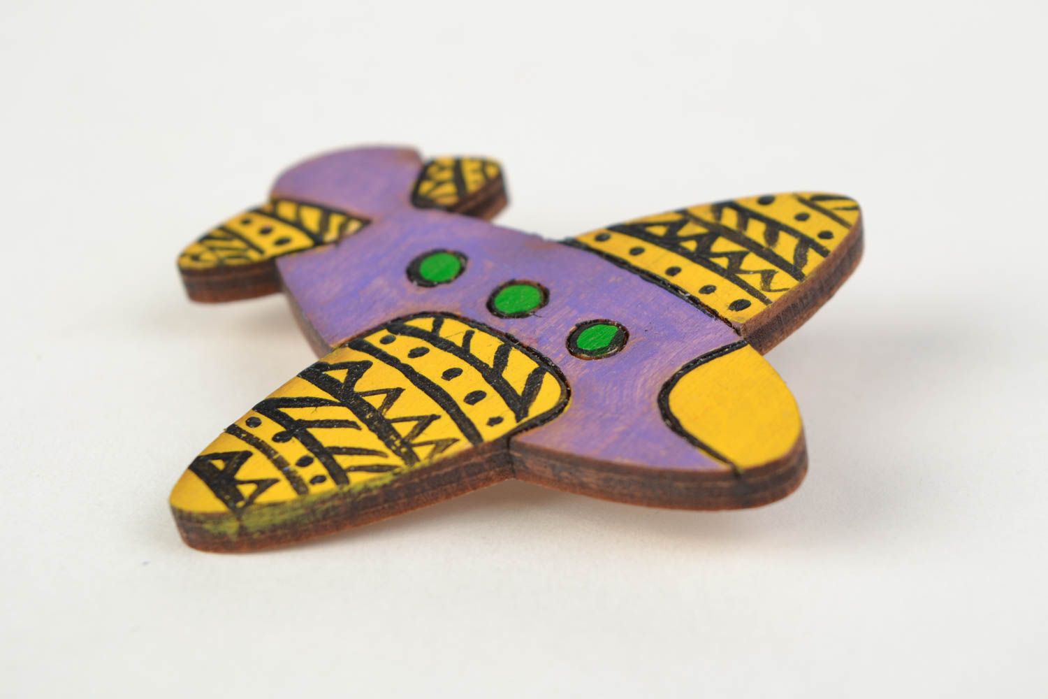 Handmade wooden brooch painted with acrylics in the shape of colorful air plane photo 3