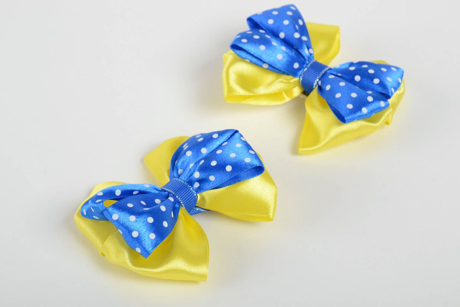 Set of 2 handmade satin ribbon bow hair clips fashion kids children hair bow photo 2