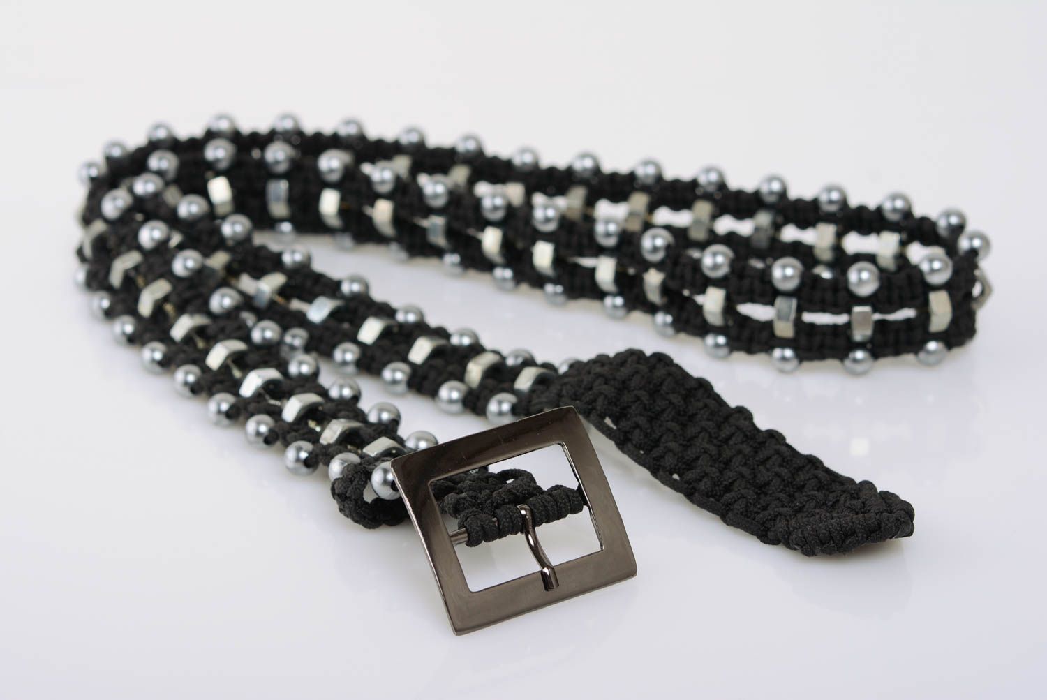 Unusual beautiful handmade black macrame woven belt with stainless steel nuts photo 1
