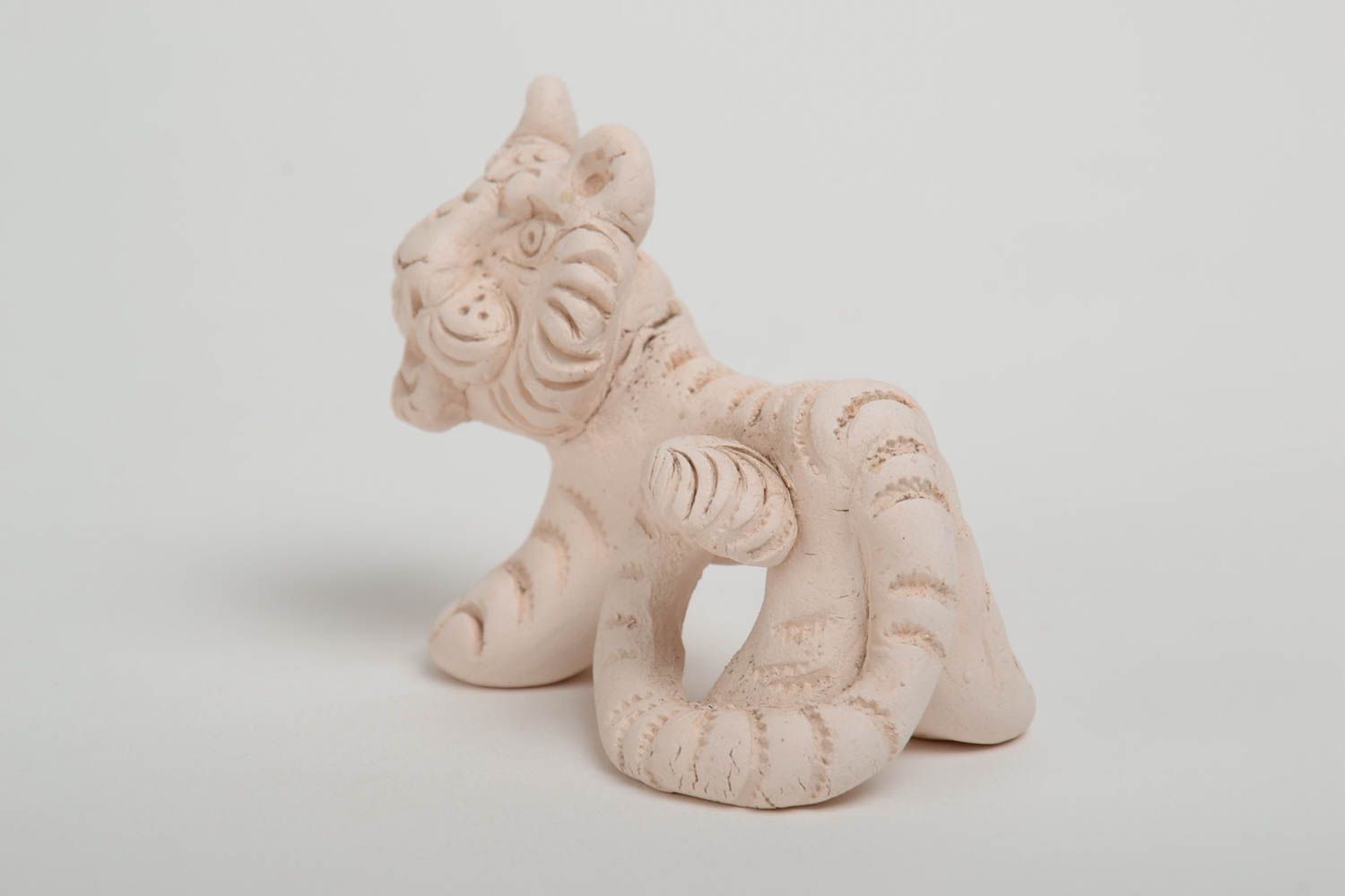 Unusual small handmade collectible clay statuette of white tiger home decor photo 4