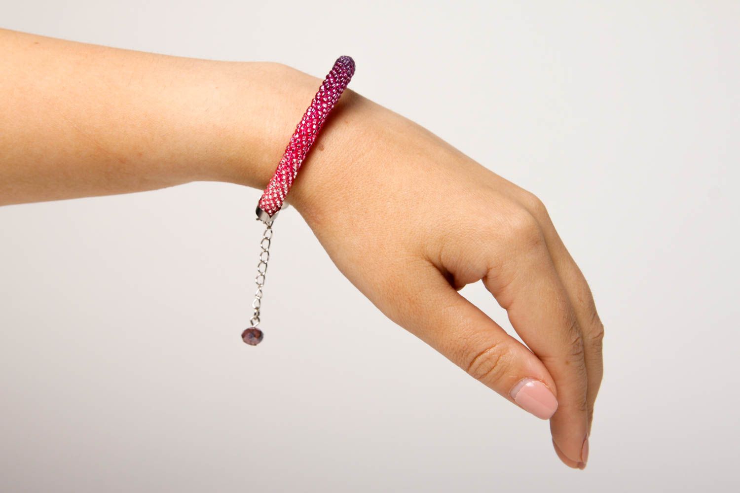 Handmade pink beaded adjustable cord bracelet for women photo 2