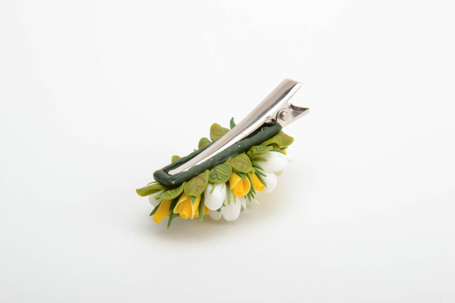 Handmade decorative hair clip with tiny tender yellow polymer clay flowers photo 3