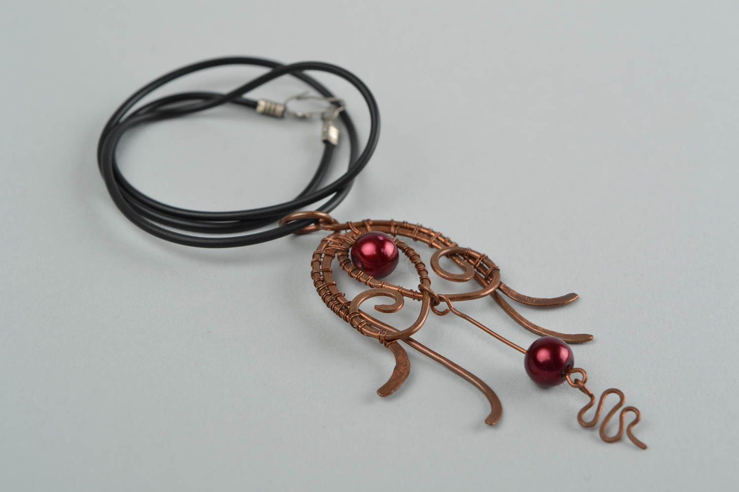 Beautiful handmade designer wire wrap copper necklace with beads on rubber cord photo 4