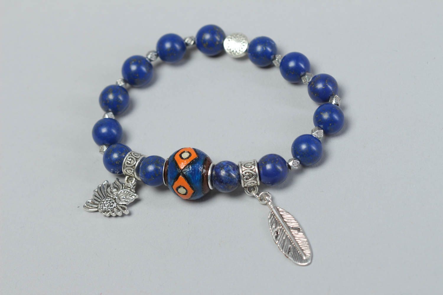 Blue natural stone beads bracelet with owl charms for women photo 2