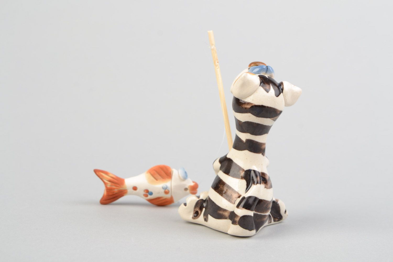 Handmade designer ceramic figurine painted with colorful glaze Cat Fisherman photo 5
