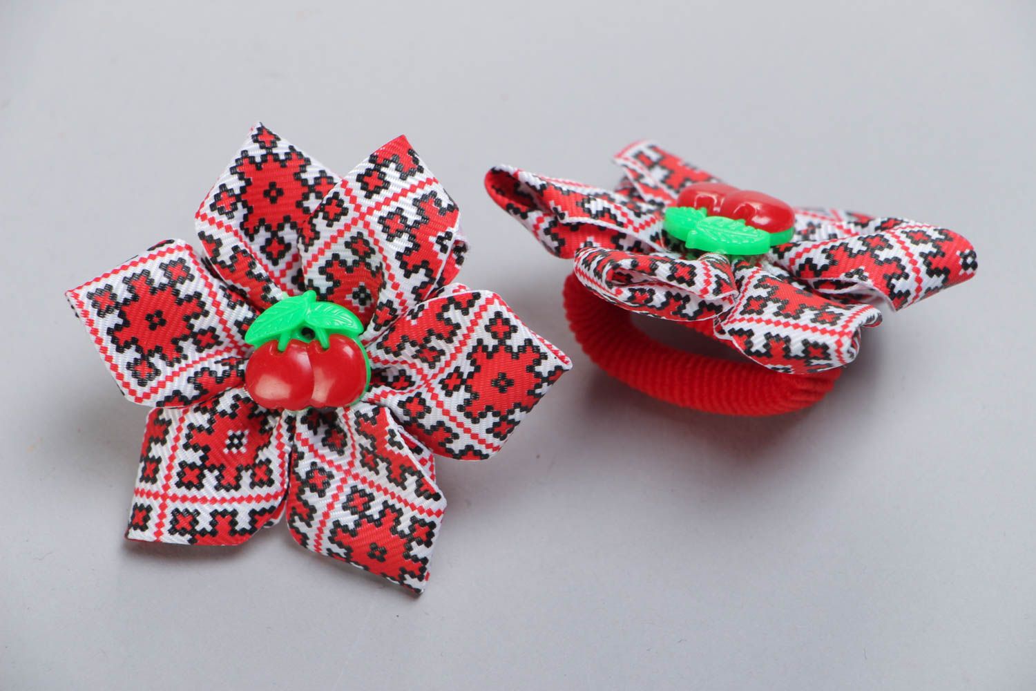Set of 2 handmade hair ties with bright satin ribbon flowers with ethnic print  photo 3