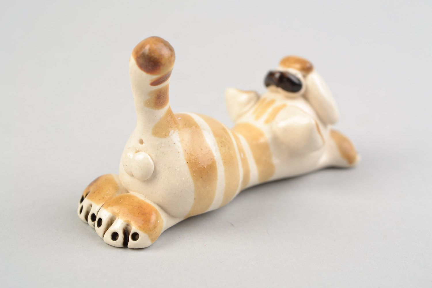 Figura cerámica artesanal pintada gato rayado divertido bonito  foto 5
