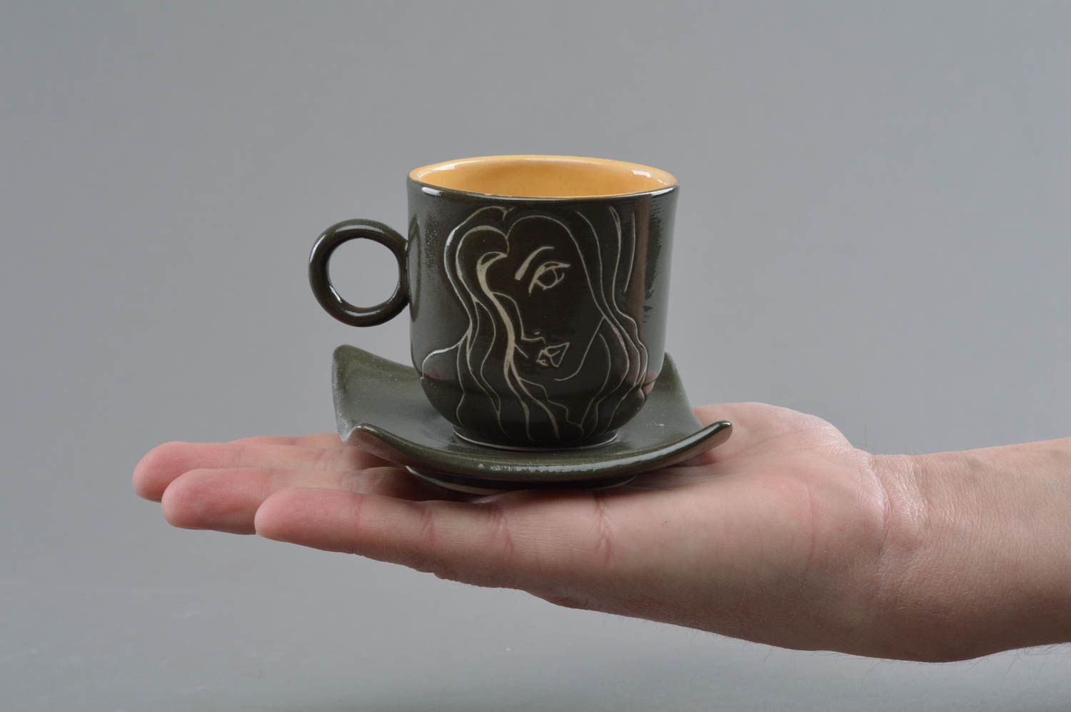 Elegant espresso coffee ceramic dark green color cup with handle and coffee. Great gift for a woman. photo 4