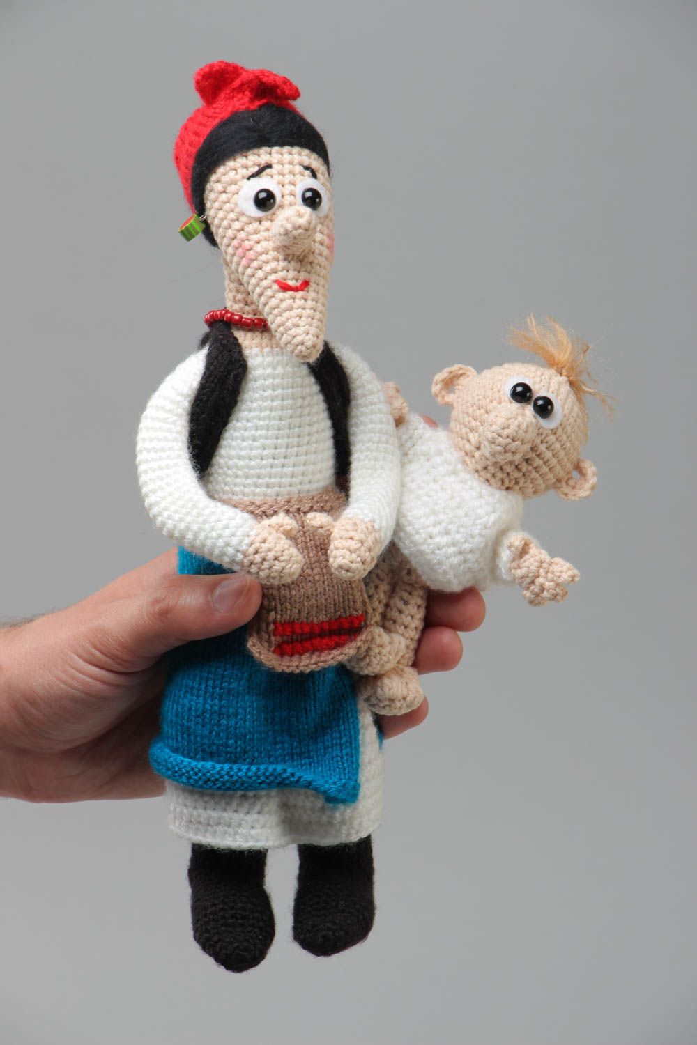Handmade soft doll of middle size crocheted of acrylic threads Mother with Child photo 5