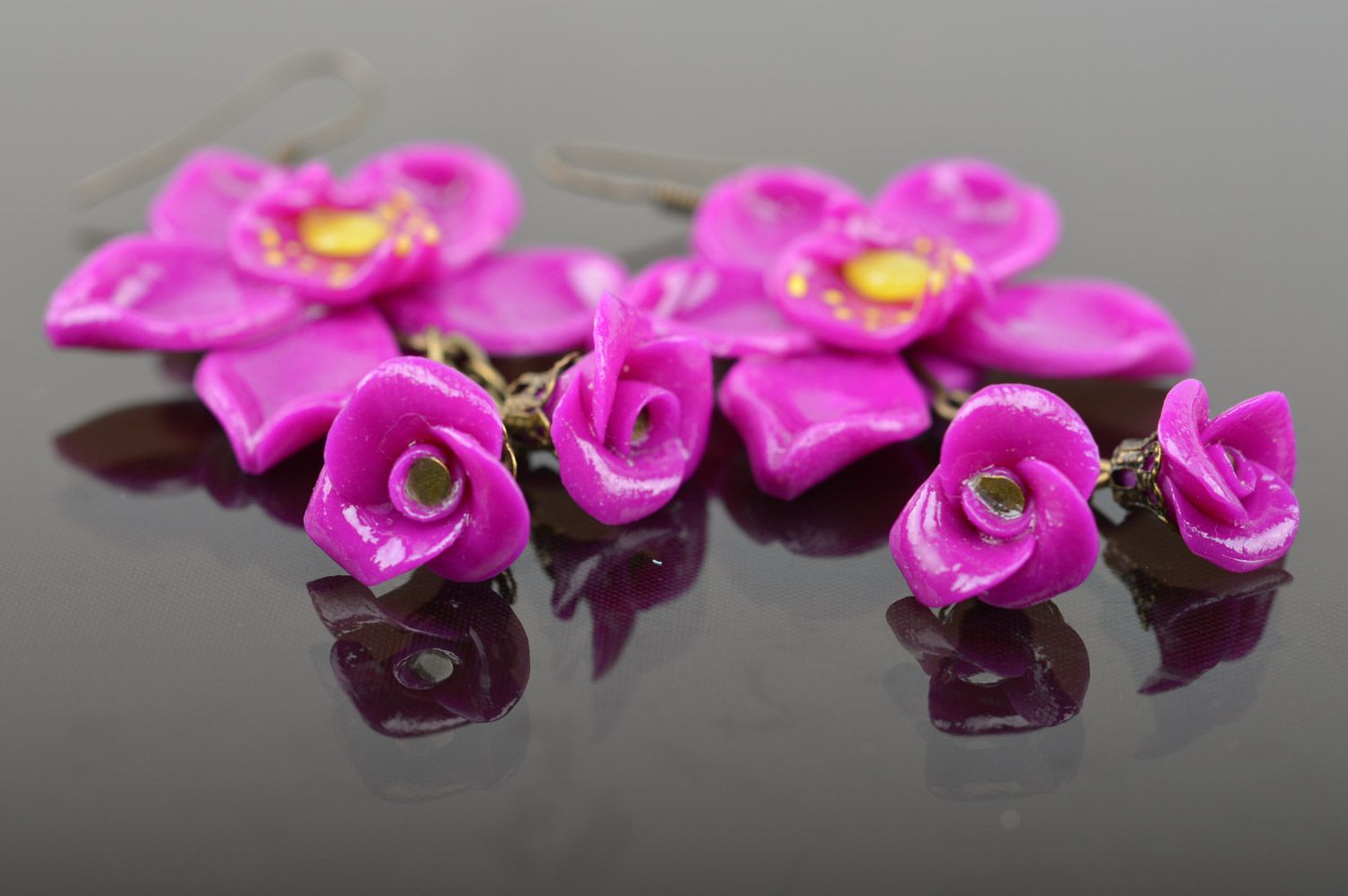 Homemade long plastic flower earrings with charms in the shape of orchids photo 4