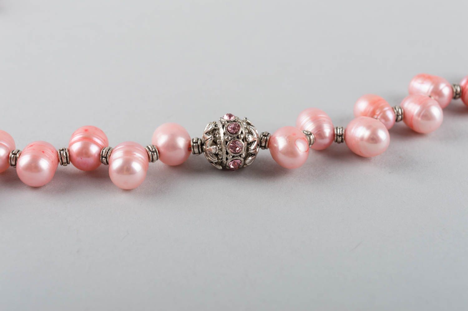 Handmade elegant designer necklace with pink pearls and latten elements for lady photo 5