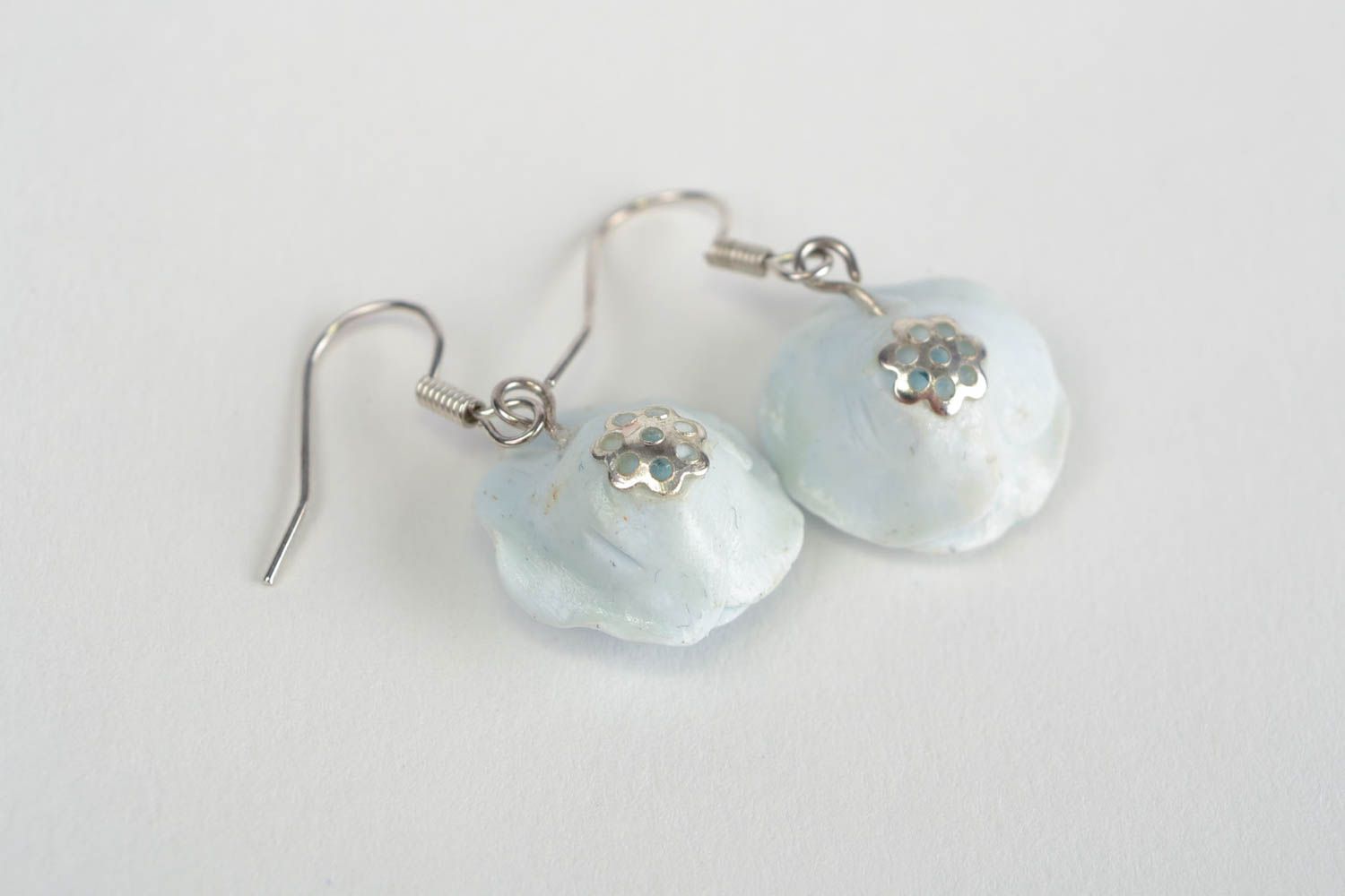 Handmade designer polymer clay earrings in the shape of tender small blue roses photo 5