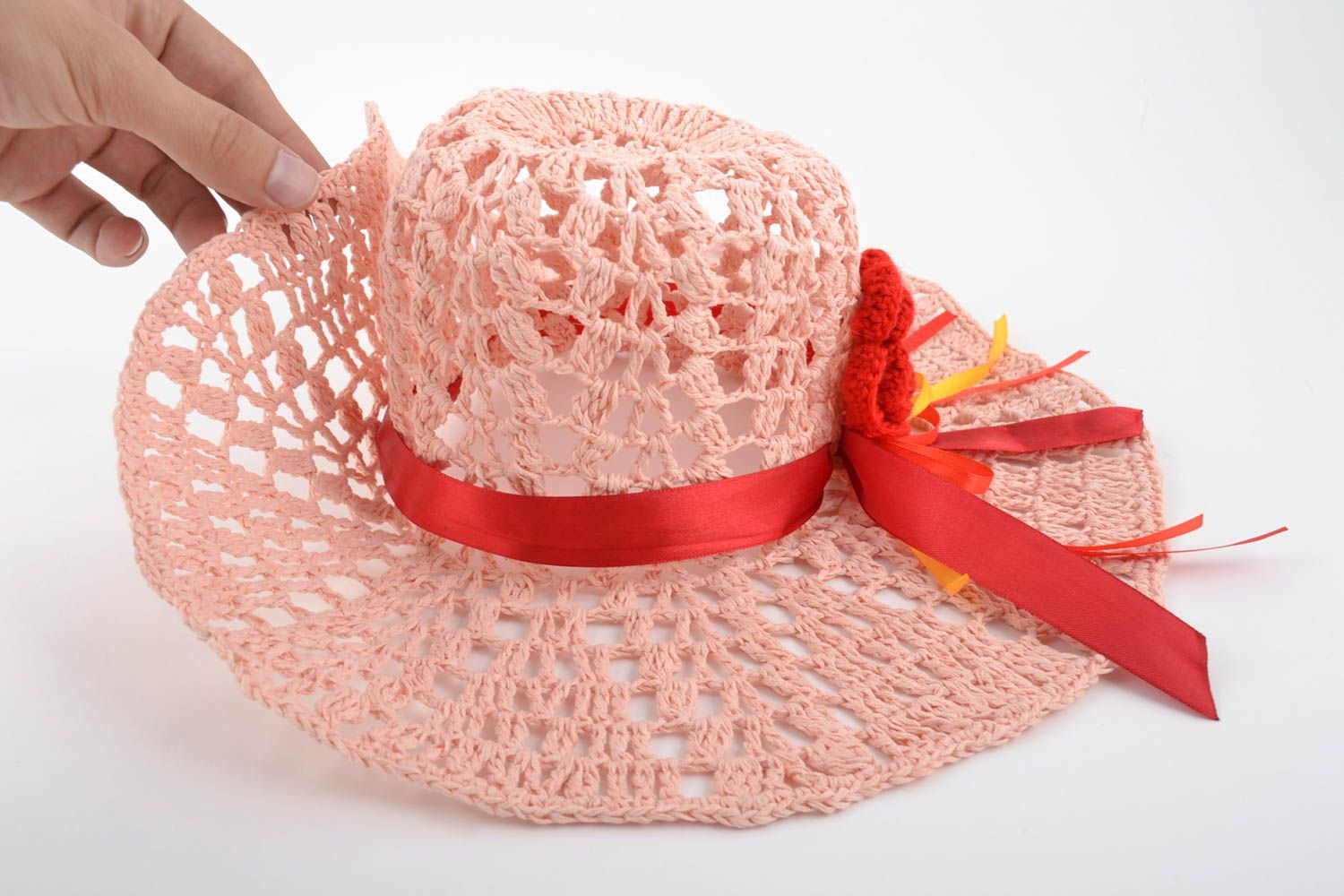 Handmade designer lacy summer hat crocheted of cotton threads with red flower photo 3