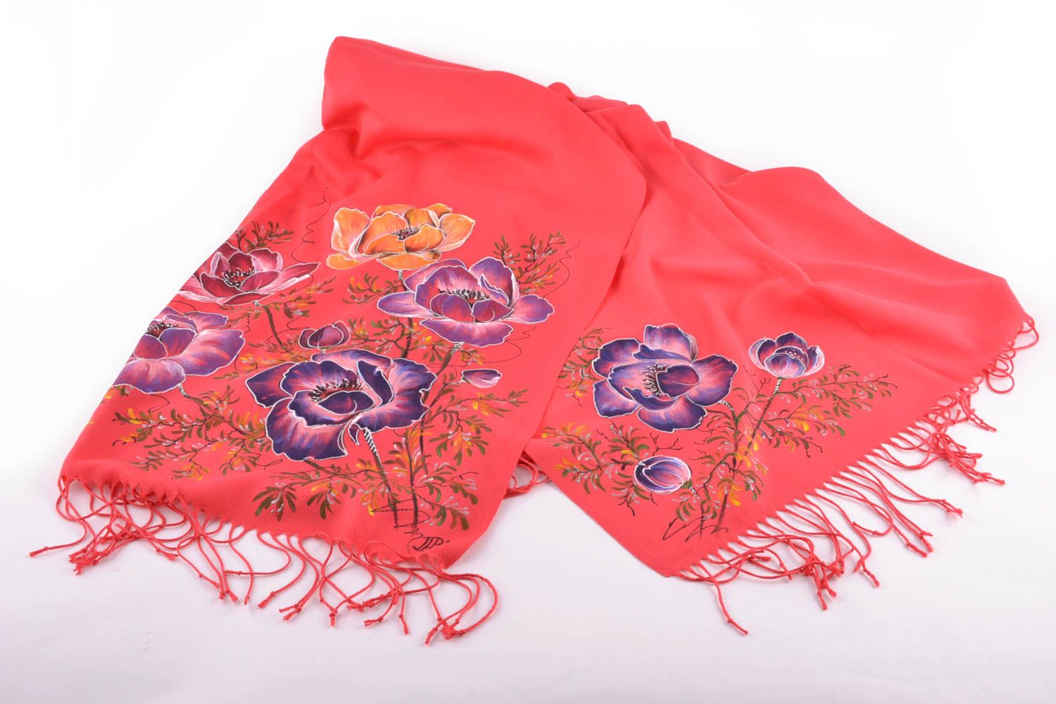 Кашемировый шарф красивый с росписью яркий фото 4