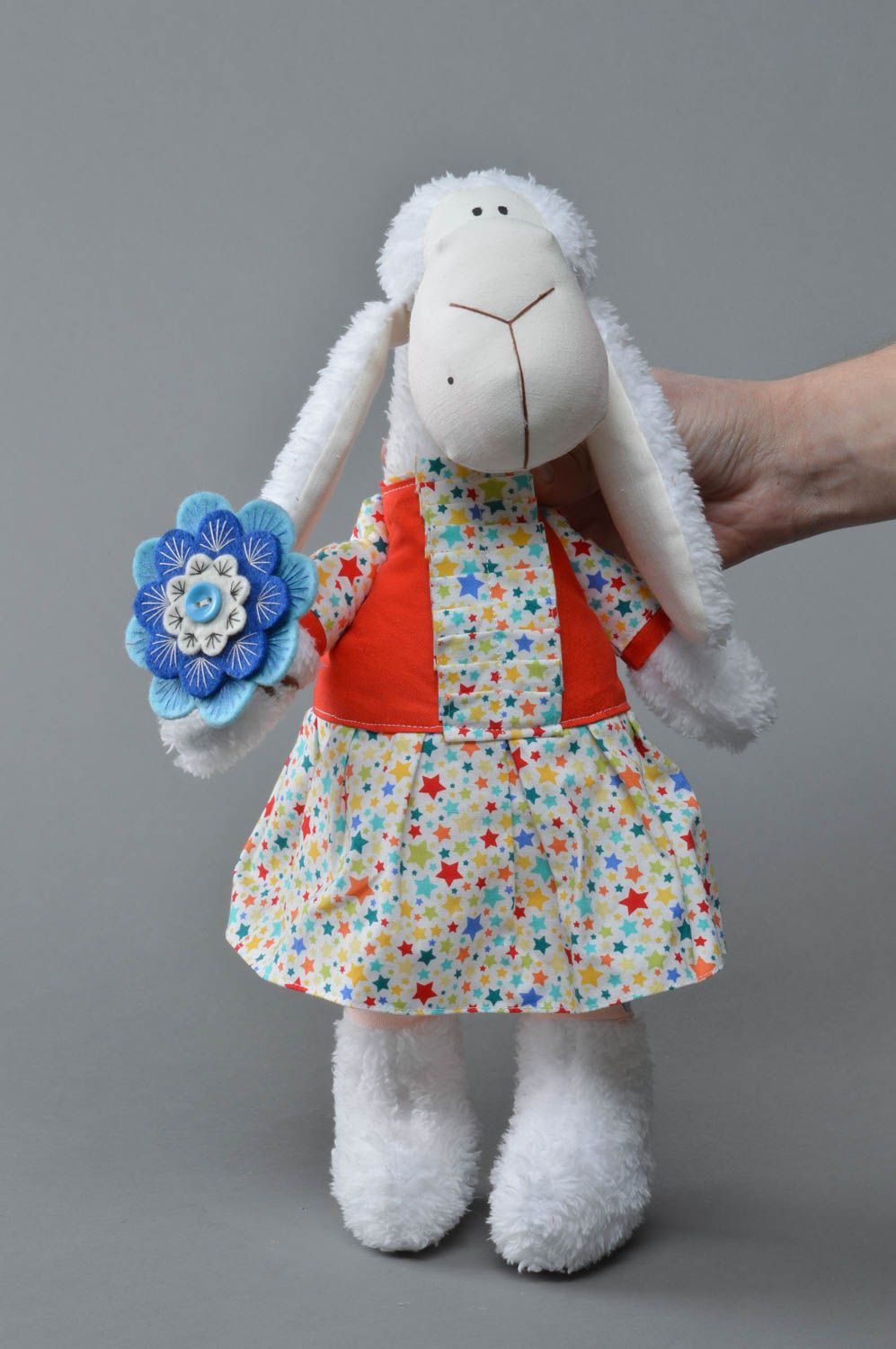 White handmade cotton fabric soft toy sheep in bright dress children's gift photo 4