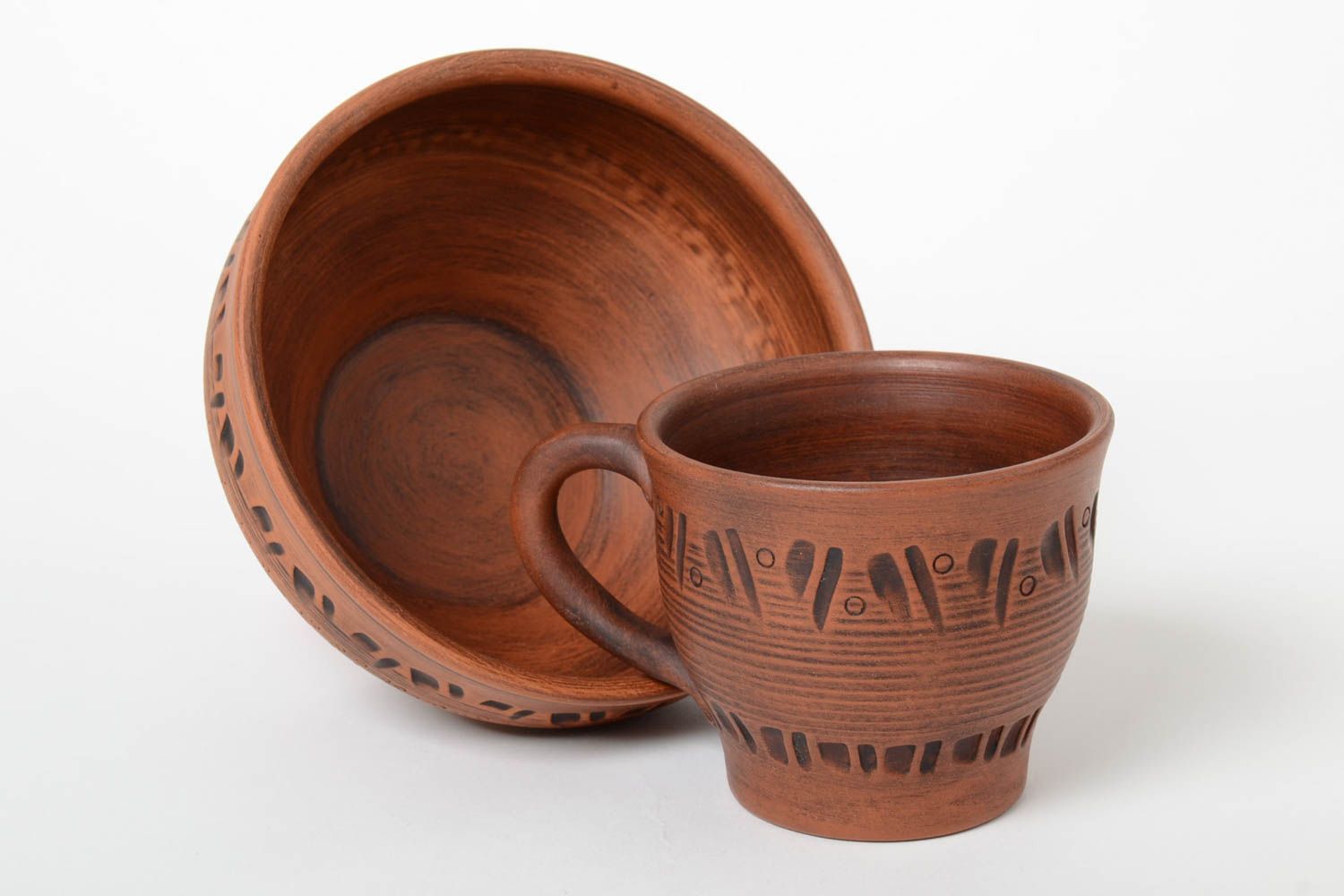 Set of ceramic pottery 13 oz coffee cup and 25 oz brown bowl with handmade pattern photo 3