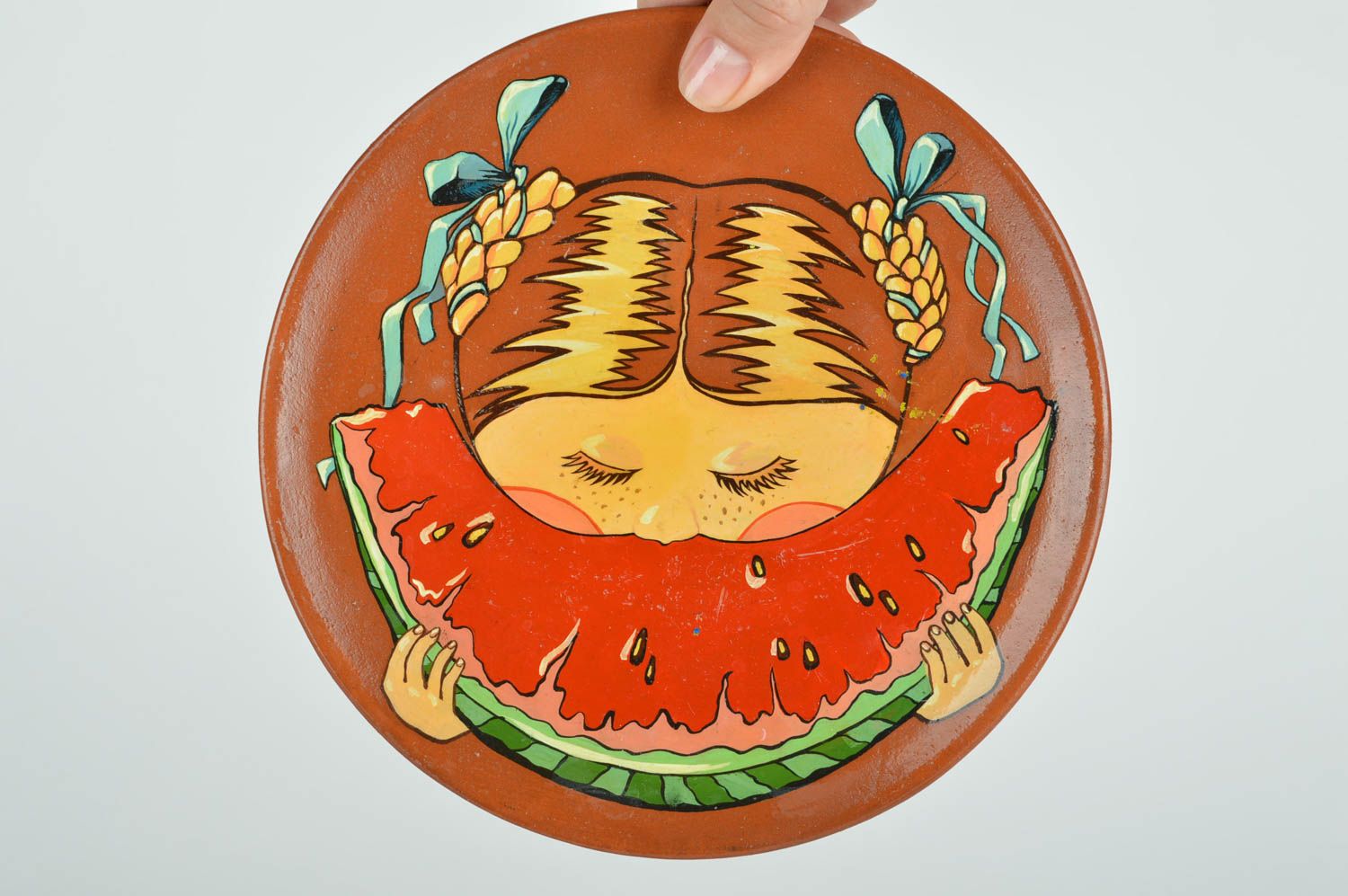 Beautiful handmade designer ceramic plate painted with glaze Girl photo 2
