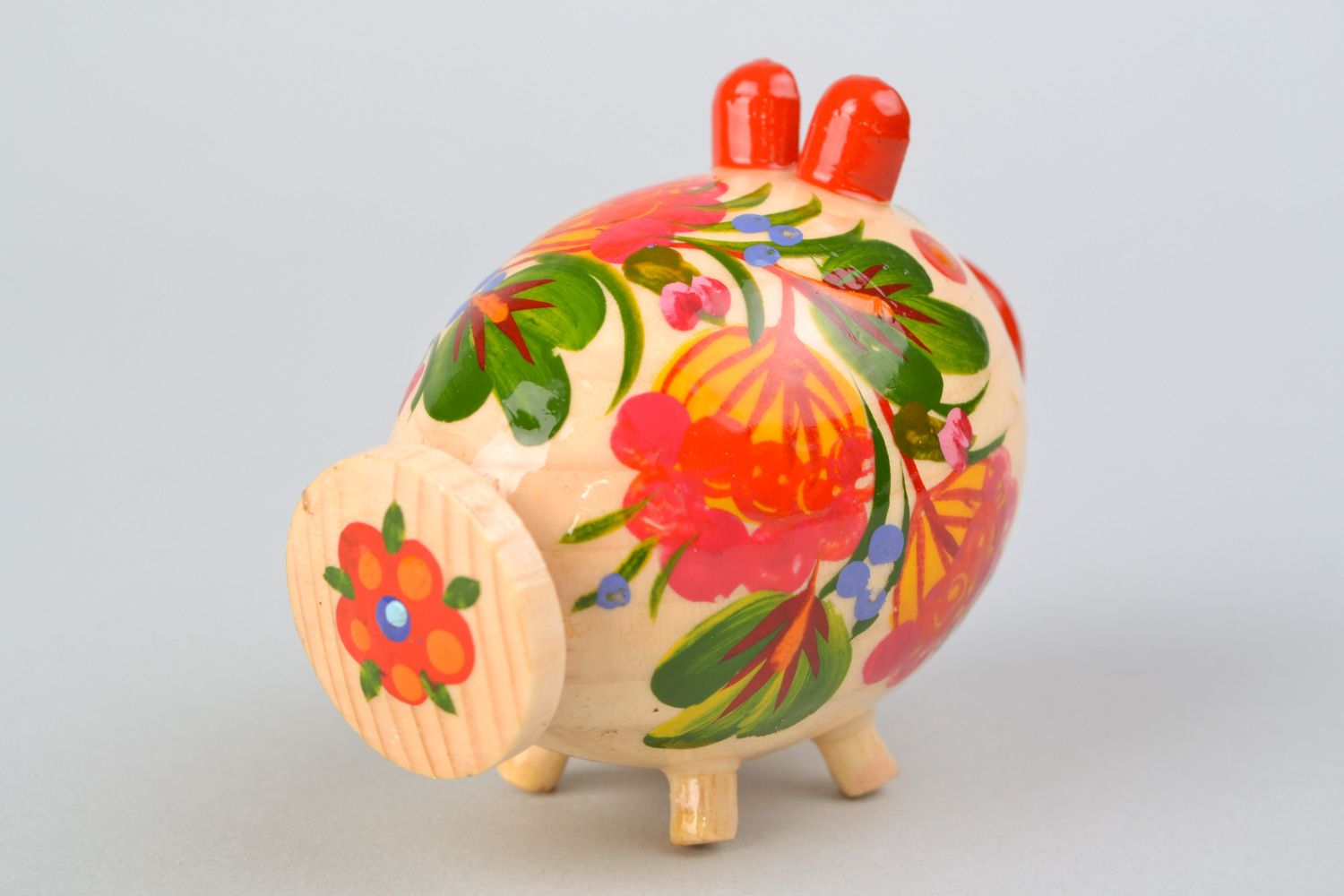 Handmade wooden salt cellar in the shape of pig painted in Petrikivka style photo 4