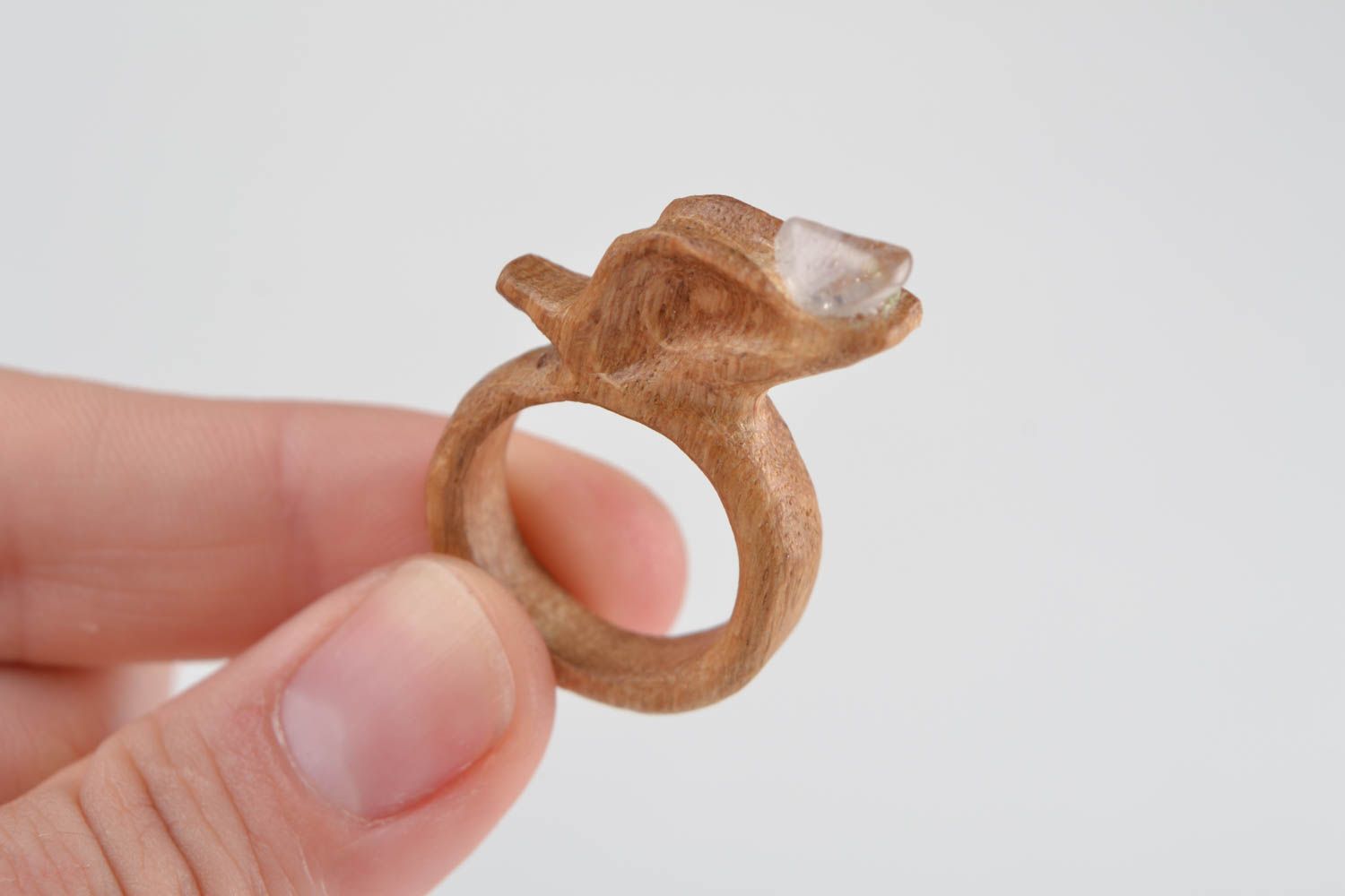Light carved wooden handmade jewelry ring with natural crystal glass Apple photo 2
