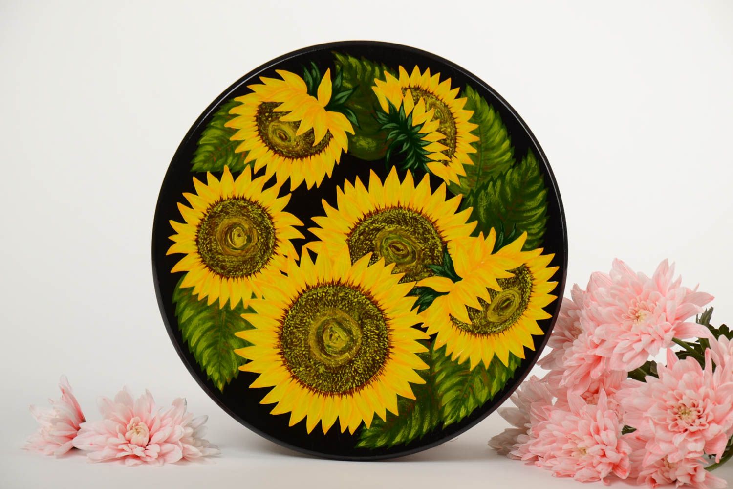 Bemalter gelber handgemachter Wandteller aus Holz Sonnenblumen Geschenk Frau foto 1