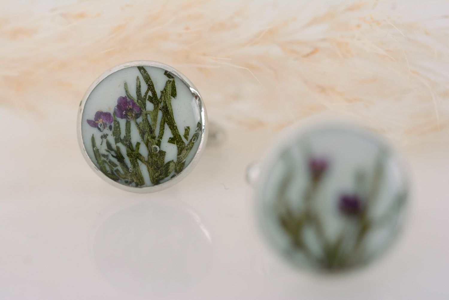 Handmade cufflinks with dried flowers coated with epoxy and with metal fittings photo 3