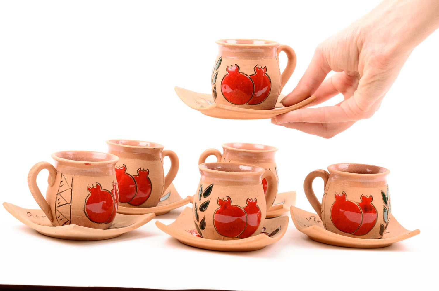 Coffee cup set 6 with saucer and handle and pomegranate painting 1,92 lb photo 2