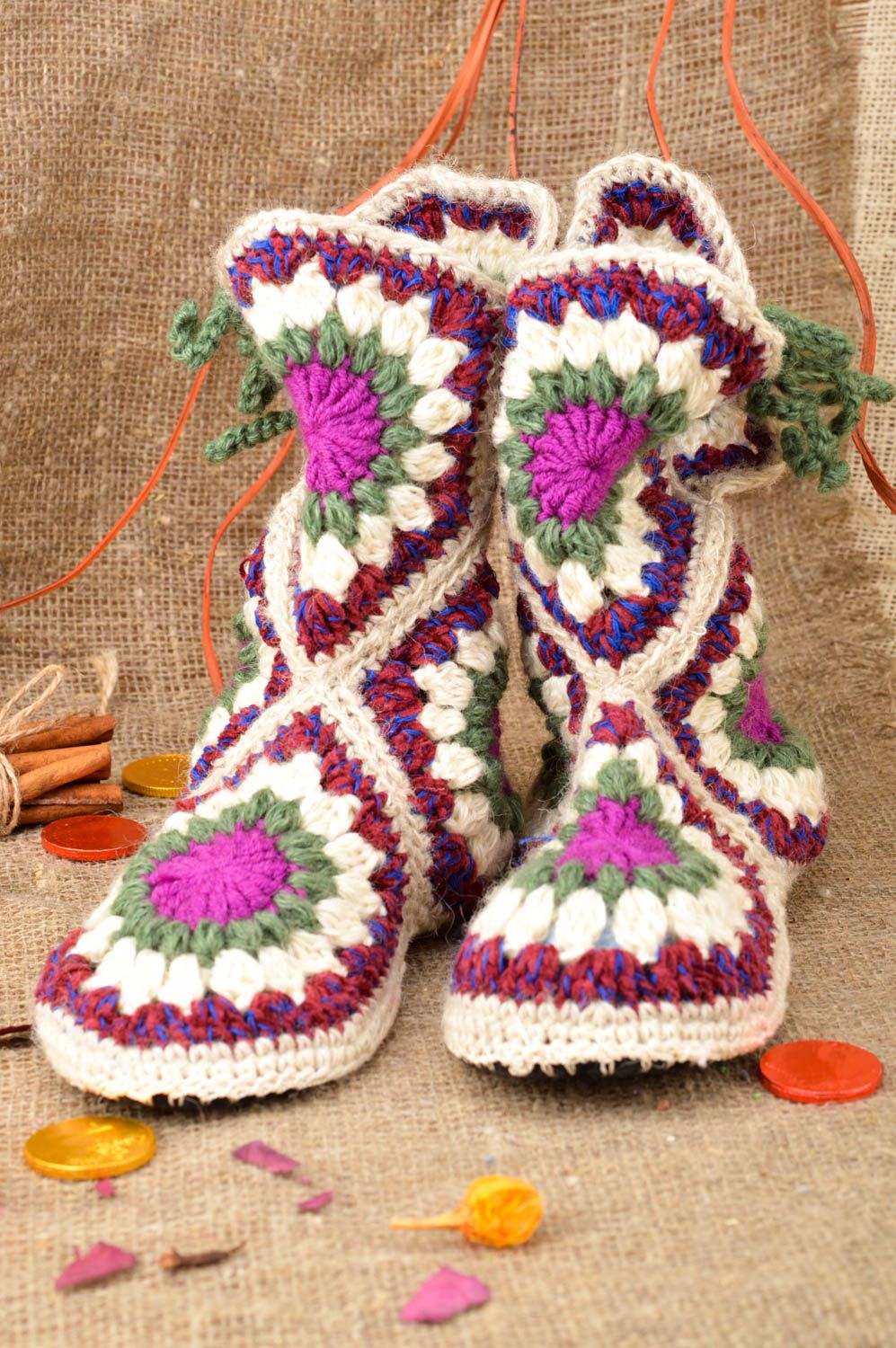 Handmade crocheted slippers unusual beautiful slippers designer warm shoes photo 1