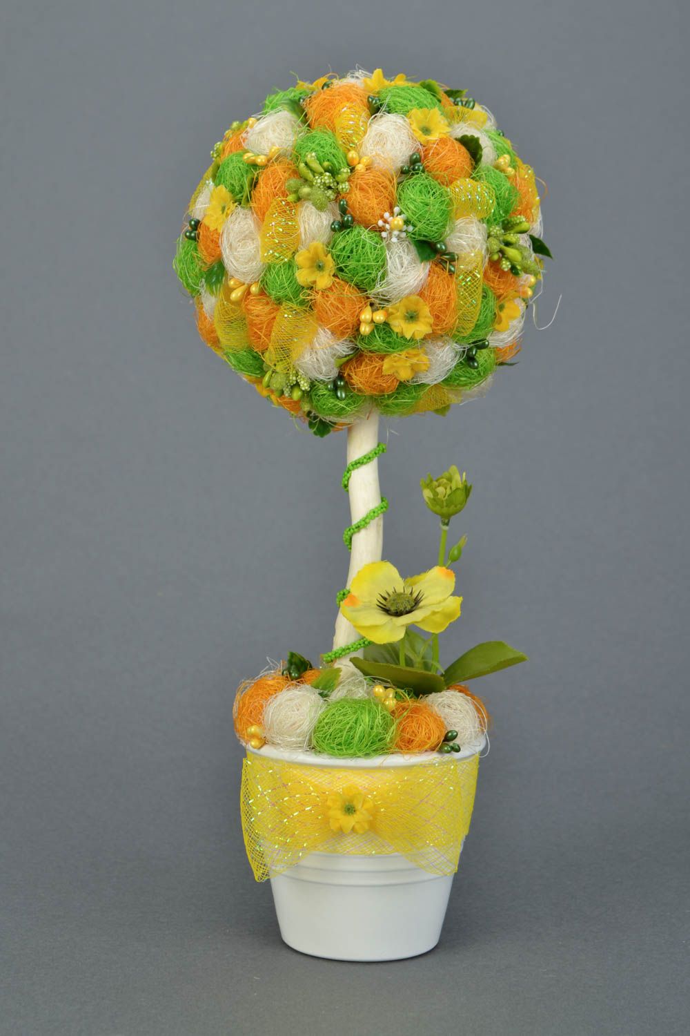Handmade bright summer yellow green topiary tree with flowers and stamens in pot photo 3