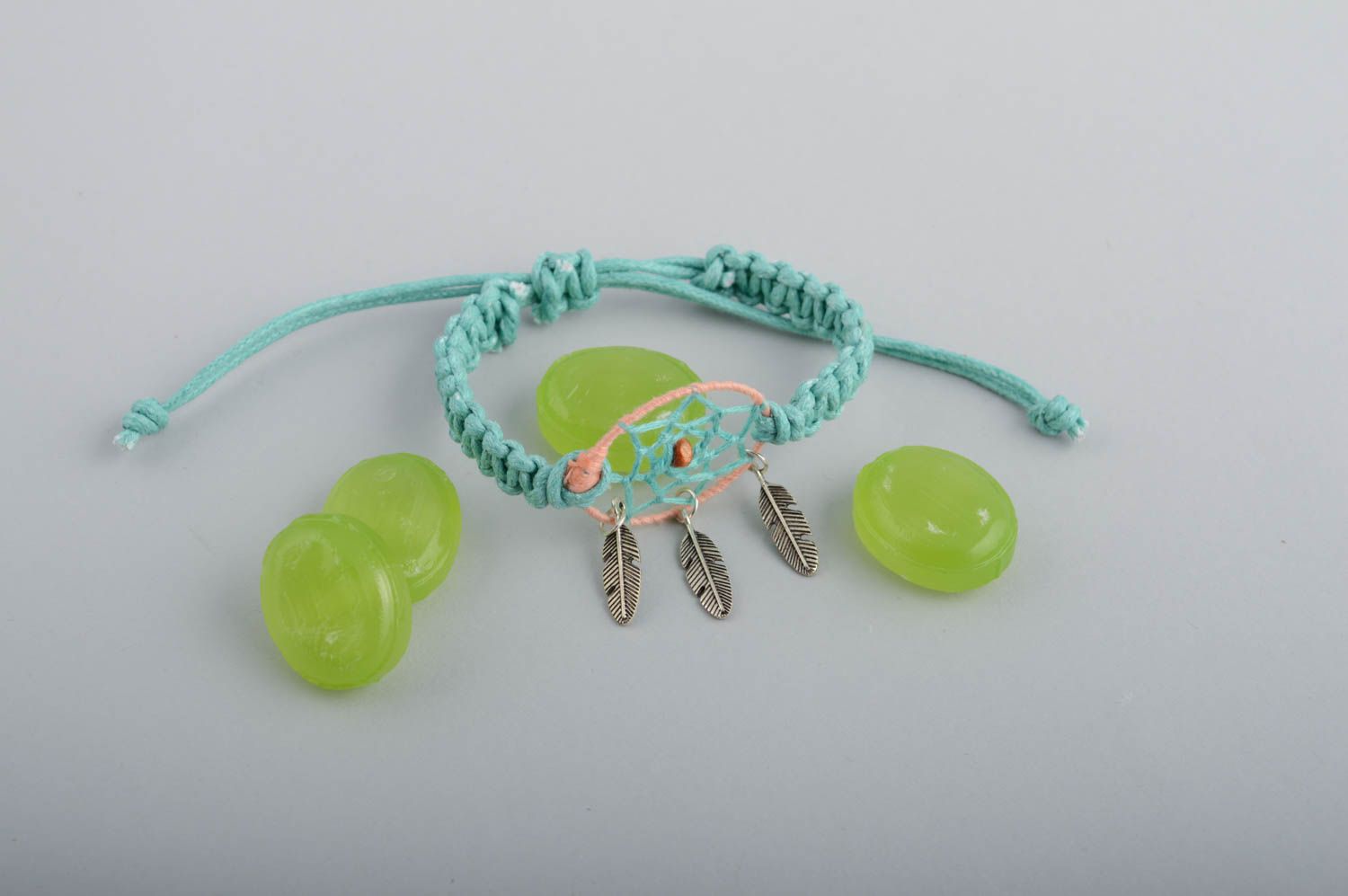 Handmade macrme woven waxed cord blue wrist bracelet with dreamcatcher amulet photo 2