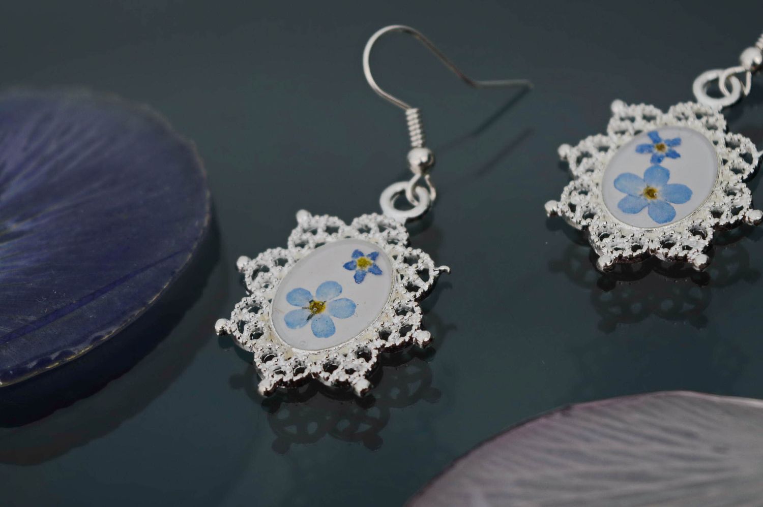 Epoxy resin earrings with forget-me-not flowers photo 1