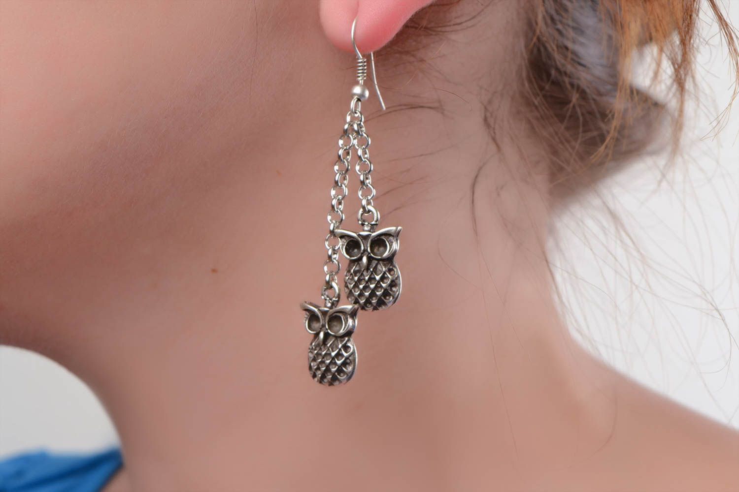 Handmade designer long dangling metal earrings with chains and owls  photo 2