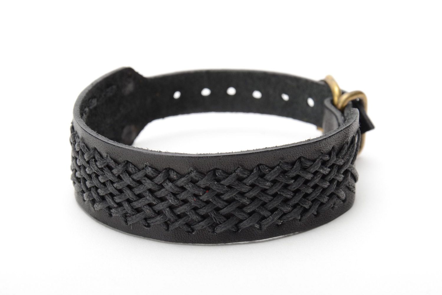Handmade black genuine leather wrist bracelet with synthetic cord and buckle  photo 3