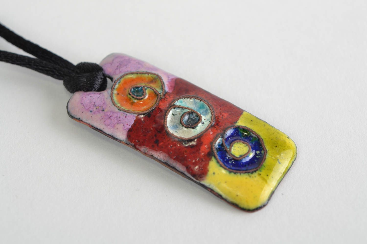 Handmade rectangular copper pendant necklace with colorful enamel painting  photo 3