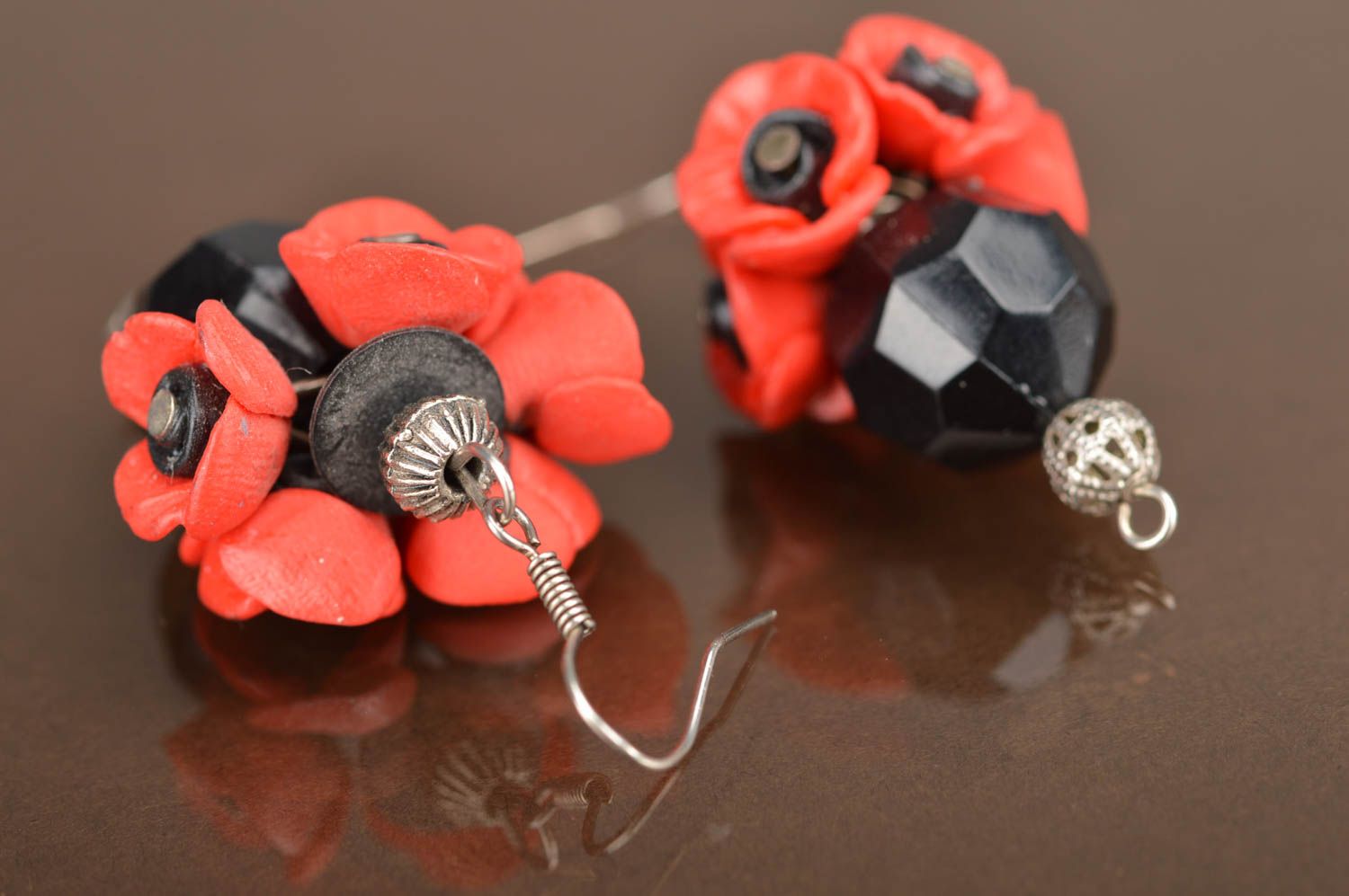 Handmade stylish small earrings decorated with red poppies made of polymer clay photo 5