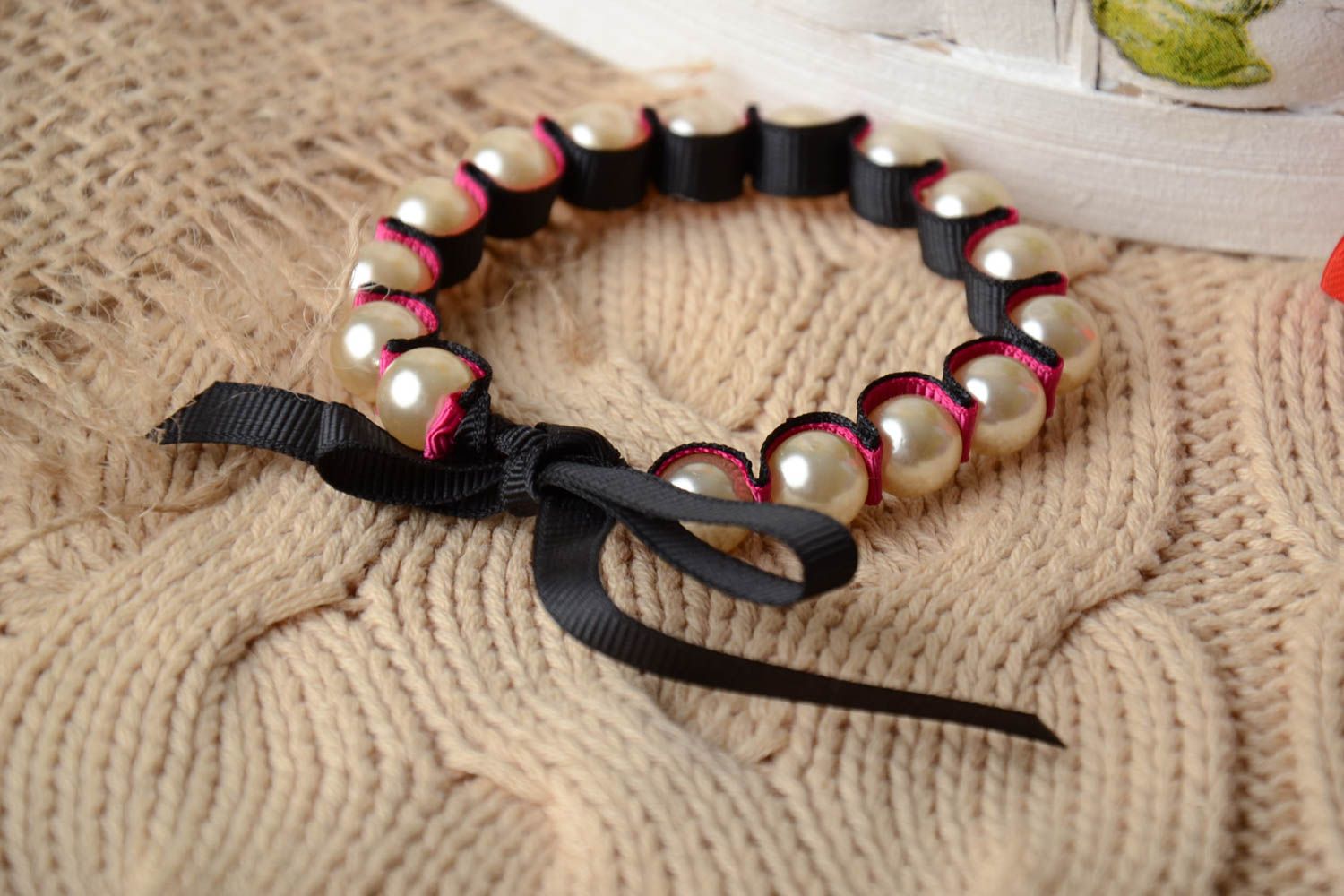 Handmade stylish designer thin beaded black bracelet made of rep ribbon  photo 1
