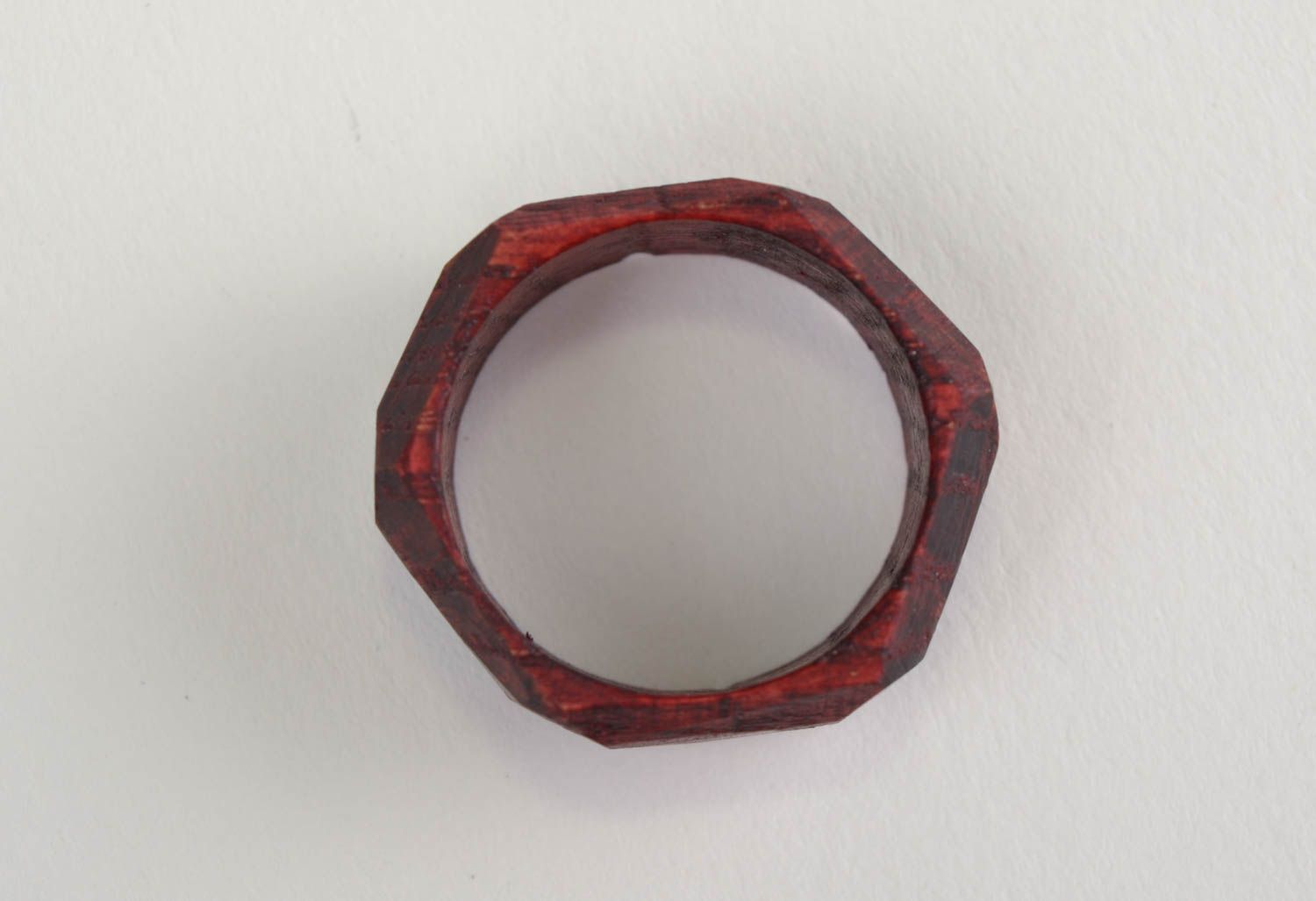 Handmade laconic designer jewelry ring carved of natural oak wood of red color photo 5