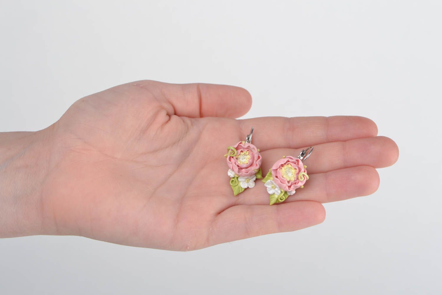 Handmade designer polymer clay pink floral earrings with metal English ear wires photo 2