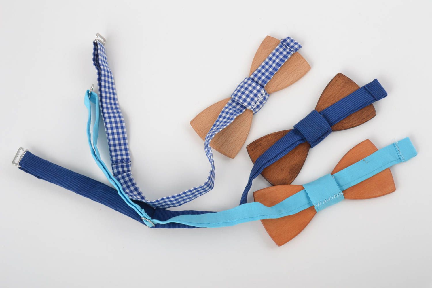 Set of 3 wooden bow ties with fabric straps designer unisex accessories photo 3