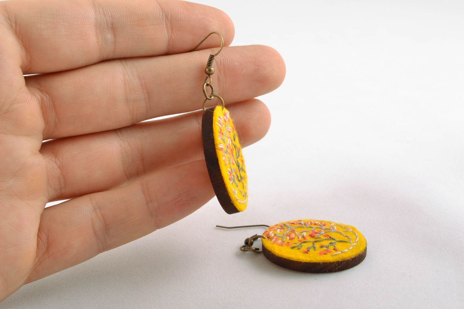 Bright yellow earrings of oval shape with embroidery photo 2