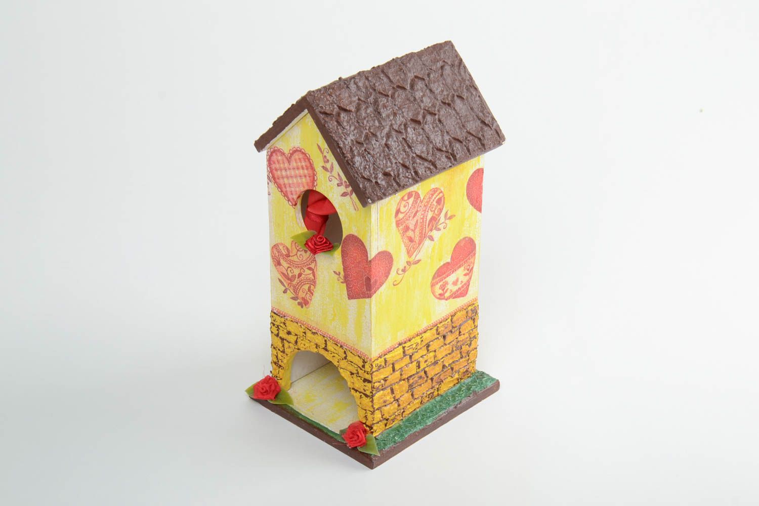 Künstlerischer schöner Behälter für Teebeutel aus Holz handmade Decoupage Technik Haus foto 2