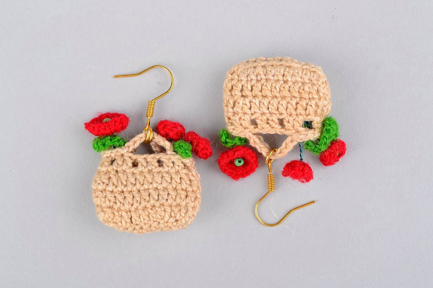 Knitted earrings Basket with poppy seeds photo 3