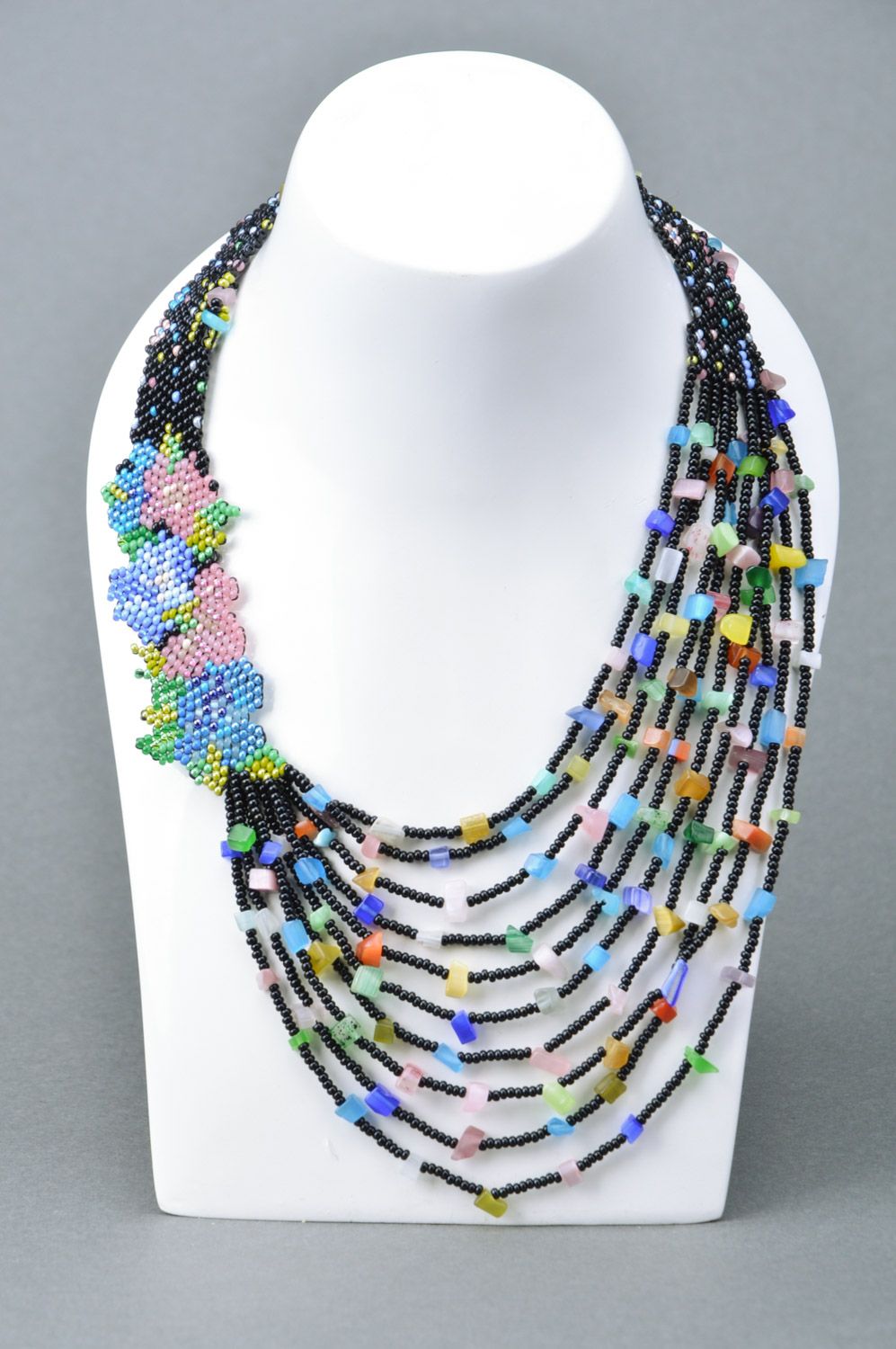 Handmade multi row necklace woven of colorful Czech beads and cat's eye stone photo 1
