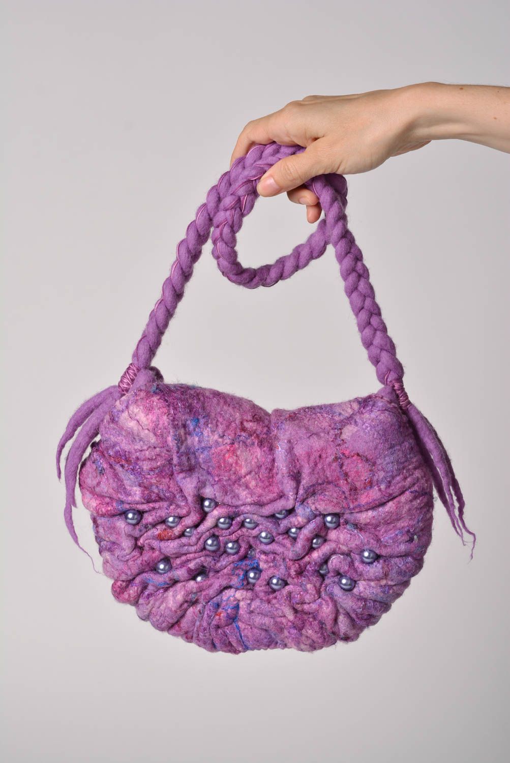 Handmade bright violet women's bag felted of wool with beads and short handle photo 5